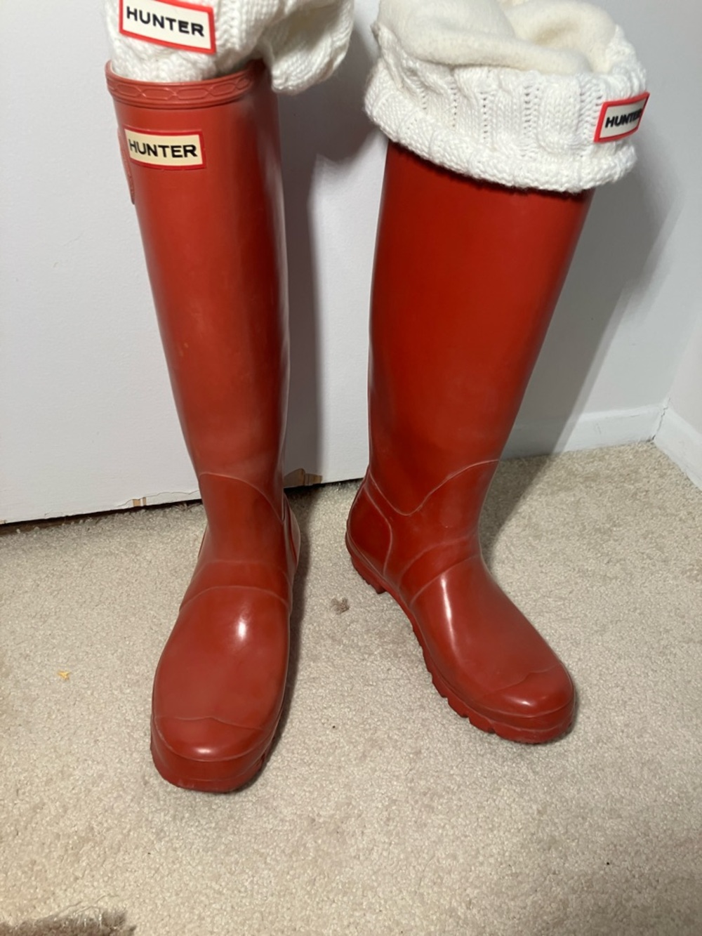 Hunter Tall Red Rain Boots with White Knit Cuffs